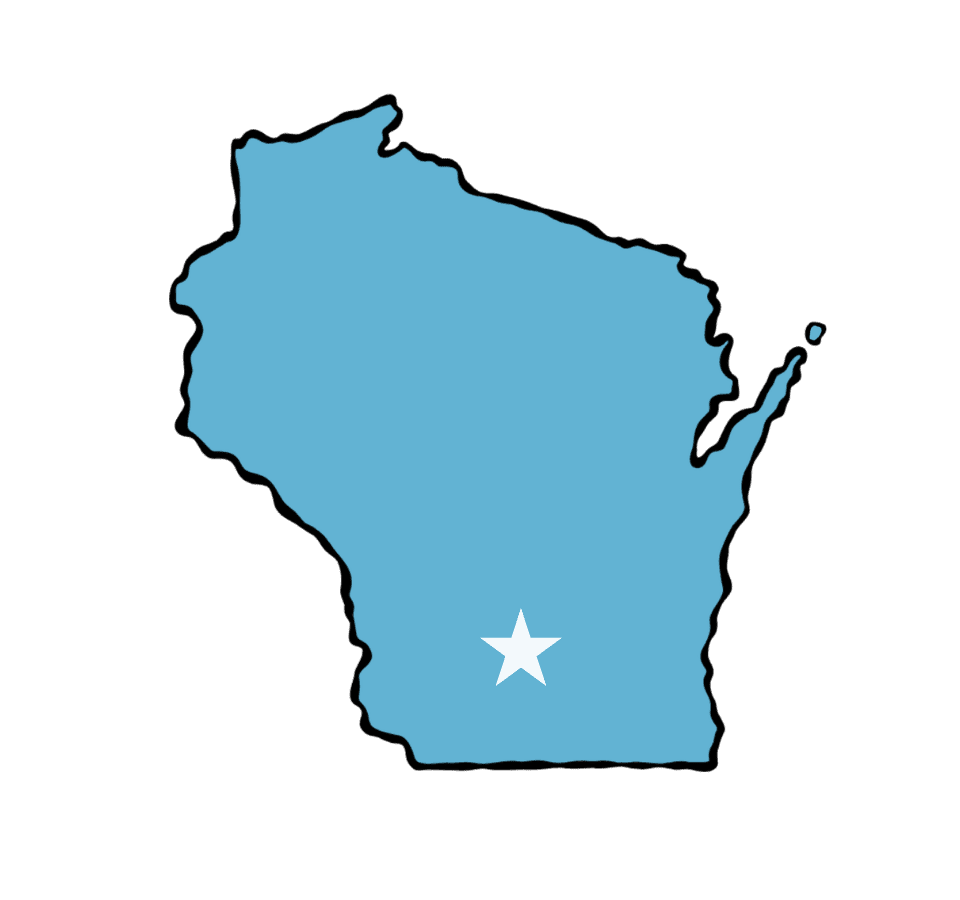Illustration of the state of Wisconsin highlighted in blue with a white star marker near the southern region of the state.
