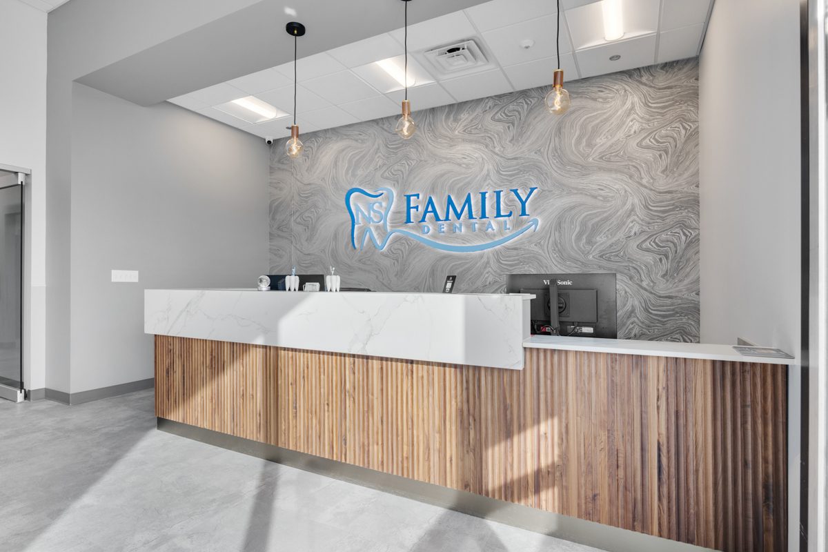 Front-of-house interior at NS Family Dental remodeled by RWE Design Build in Chicago