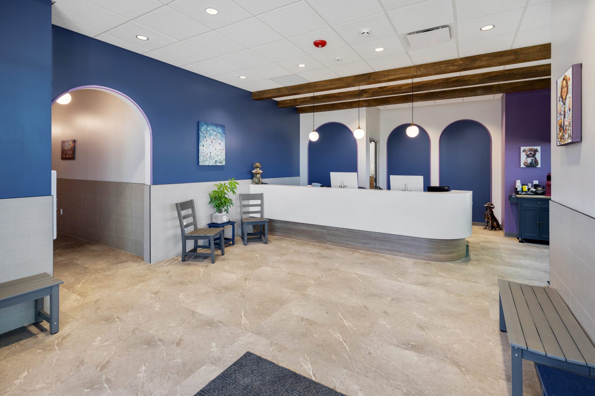 Reception area at Pet Station Animal Hospital featuring warm wood beams, blue and purple finishes, arched details, and a welcoming veterinary reception desk.